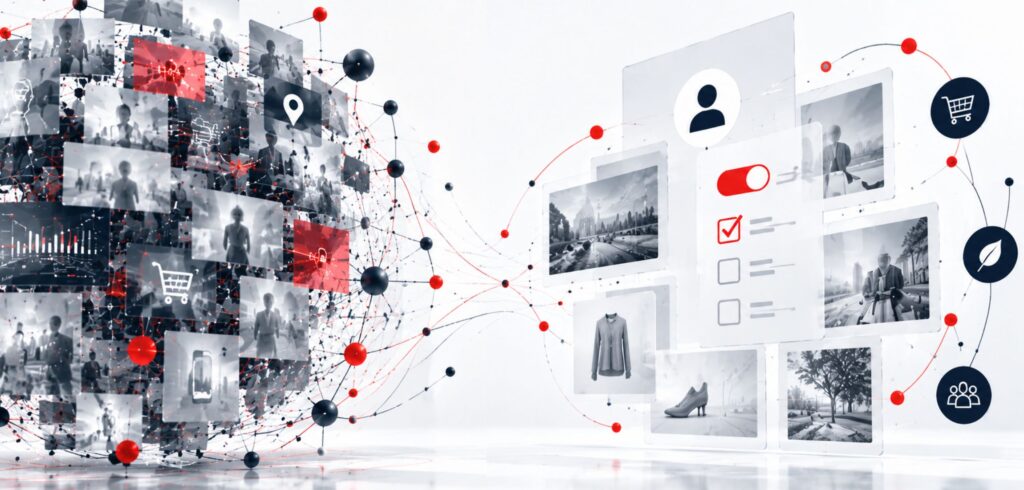 Conceptual illustration of personalization under EU digital regulation, balancing data-driven recommendations, consumer choice, and regulatory oversight